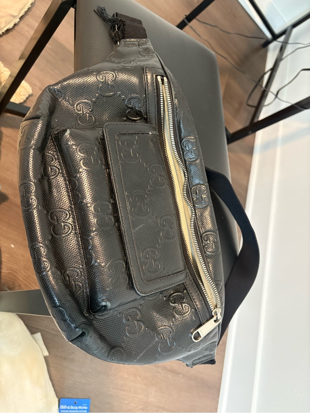 Gucci Black Embossed GG Belt Bag with Silver Zip